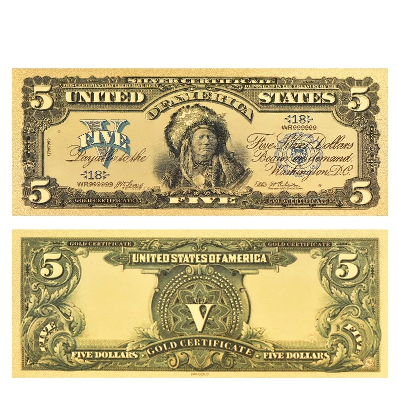 American Five Dollars Banknote 24k Gold Plated Forgery Paper Money Colorful Banknote