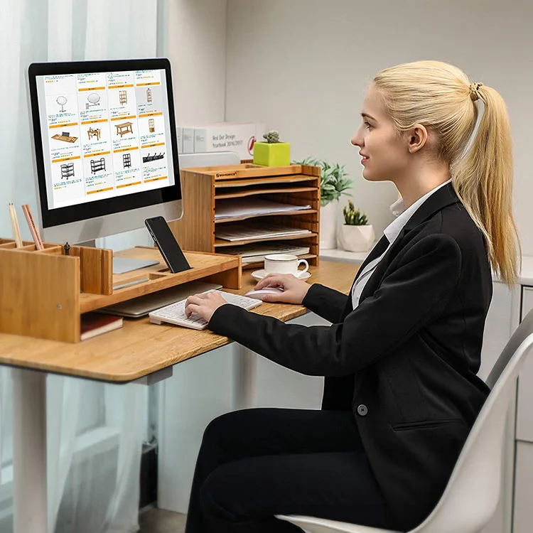 Office desk organizer adjustable height removable 5 tier a4 bamboo document letter magazine file tray