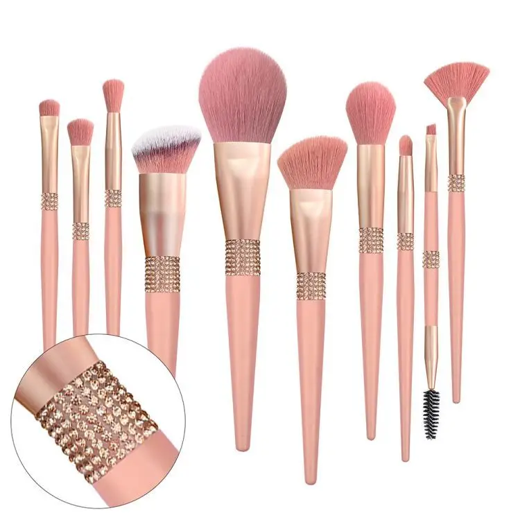 Diamond 10pcs Barrel Human Hair Pink Eco Friendly Natural Crystal Rhinestone Bling Glitter Pink Private Label Makeup Brushes