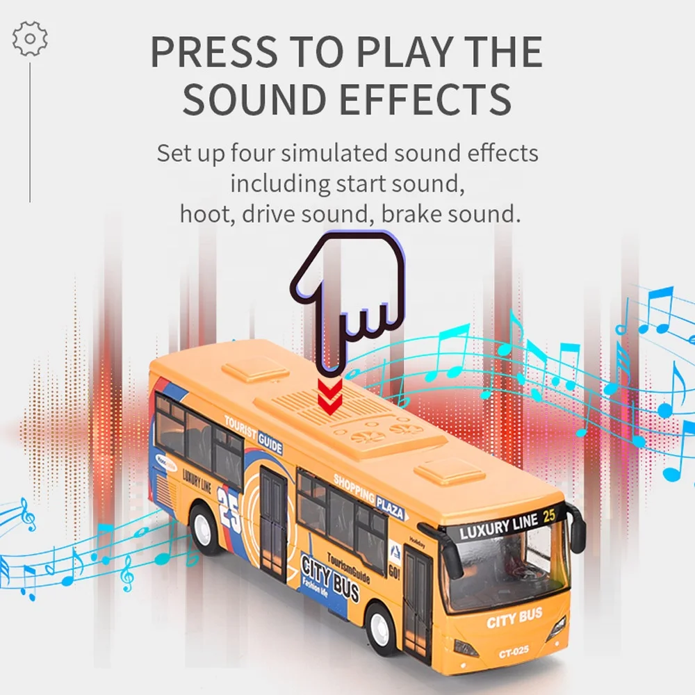 1:32 pull back metal model city bus diecast car toy open door with music and light