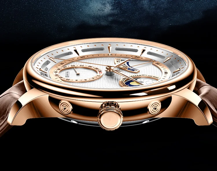 Latest stainless steel case calendar moon phase power show negotiable price custom men mechanical watch