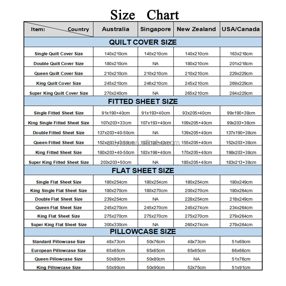 bedding size chart