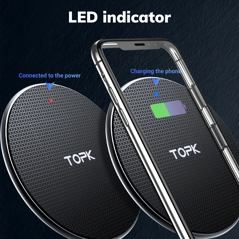  Бесплатная доставка TOPK 10W быстрая зарядка LED Портативный Универсальный мобильный телефон Qi портативное беспроводное зарядное