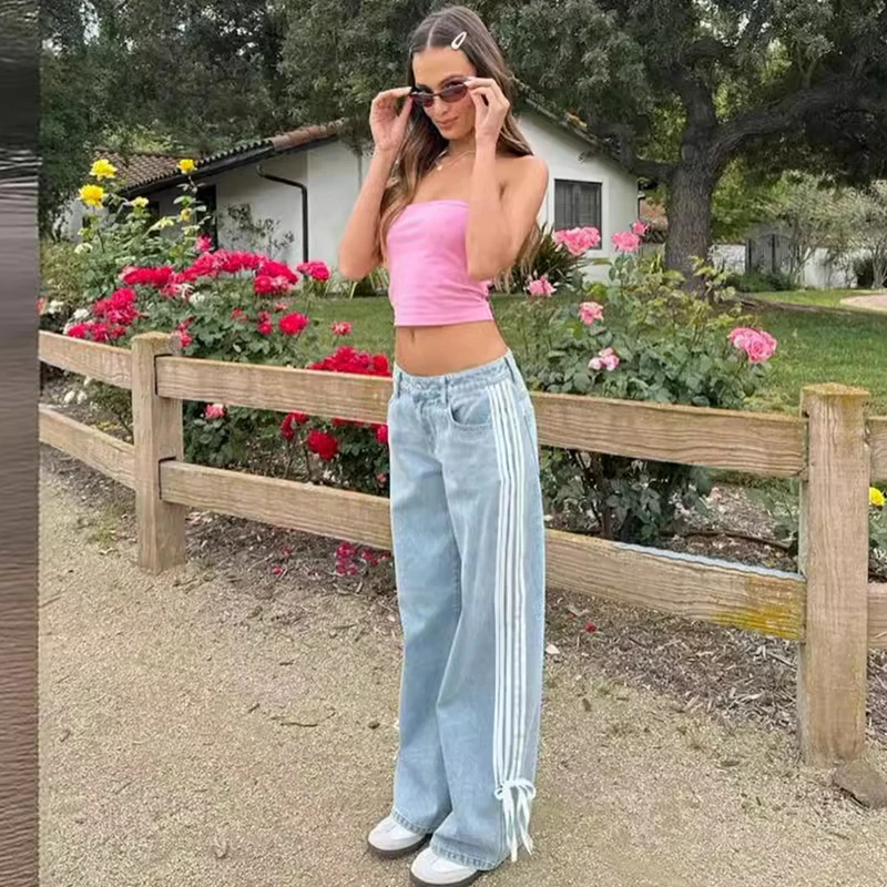 Channel Streetwear Y2K Girl Boyfriend Jeans For Ladies Stripe Side Bow Flared Straight Leg Denim Jeans 2024