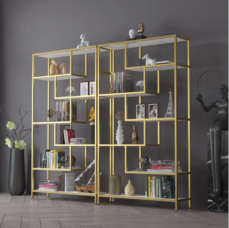 2020 Hot sale high quality bookcase metal marble bookshelf home hotel living room stainless steel bookcase