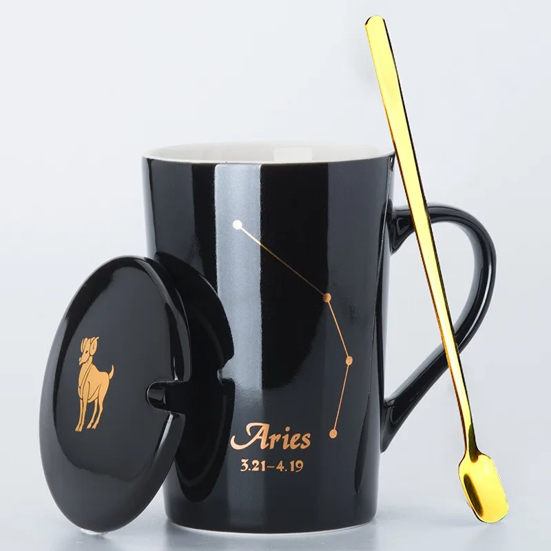 450ML Fashion Constellation Horoscope Ceramic Mug Couples Drinking Cups Coffee Mug with Lid and Spoon