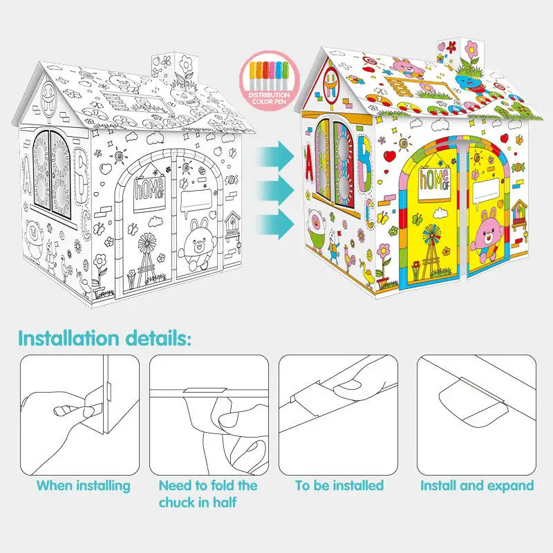 children DIY 3D graffiti toys 3D drawing house boys and girls  creative Giant Easter Bunny House Cardboard Castle Playhouse