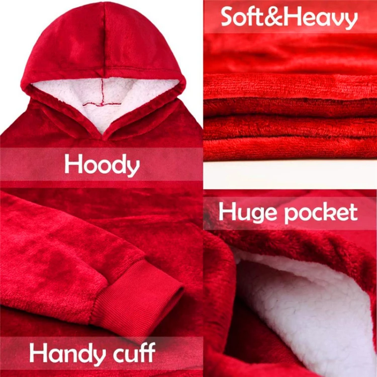Sedex Bsci winter customized polyester flannel Sherpa blanket hoodie Adults Solid Oversized Wearable Hoodie Blanket with