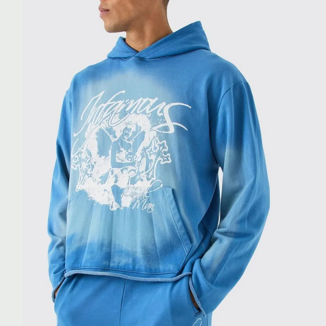 Custom Blue Oversized Boxy Acid Wash Print Graphic Raw Hem Tracksuit Hoodies