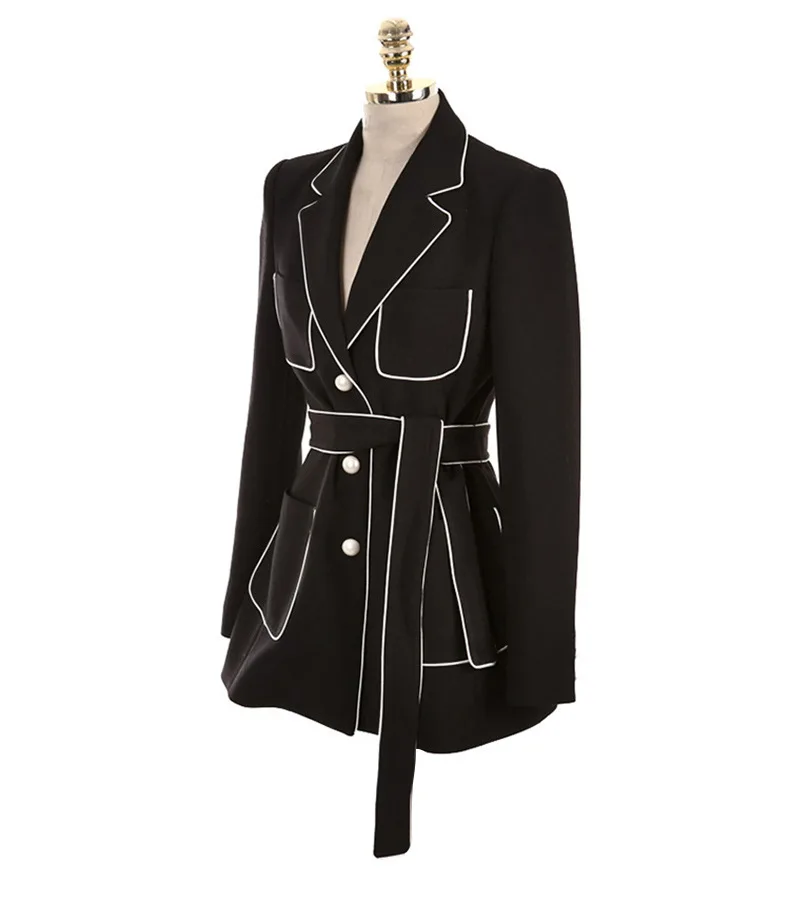 Spring and autumn Korean jacket women lace up black suit pearl button commuter black coat women
