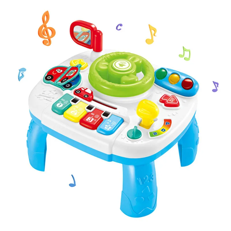 Learning Baby Sensory Toys Kids Music Play Activity Center Table with Piano Keyboard Steering Wheel Toys for Infant to Stand