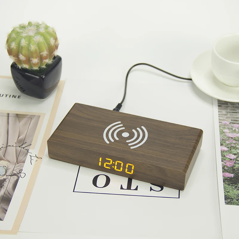 EMAF Newest best gift thin Qi wireless charger digital desktop alarm clock time day calendar clock with LED display