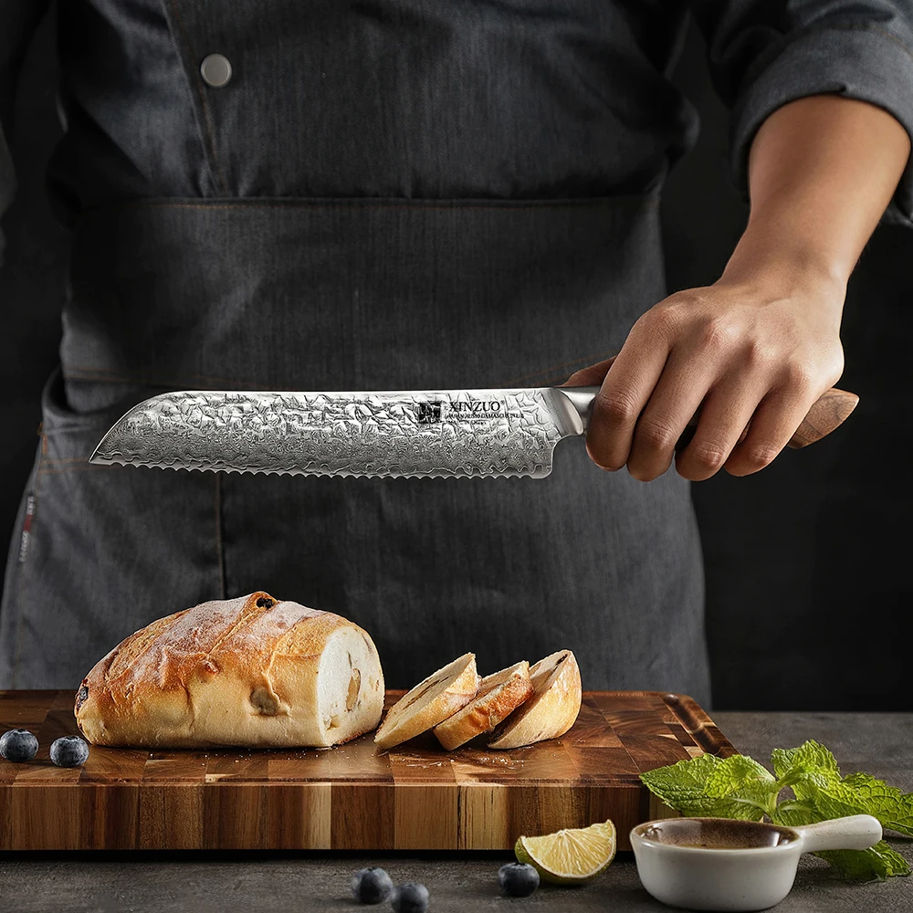 XINZUO New Japanese High Carbon Hammered 67 layers AUS10 Damascus Steel Walnut Wood Kitchen Bread Knife 8 INCH