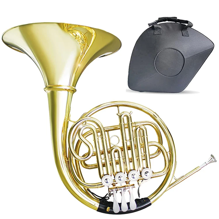 4 Key Brass Lacquer Gold Craft French Horn B Flat Single Row French Horn With Hard Case for Beginner adult