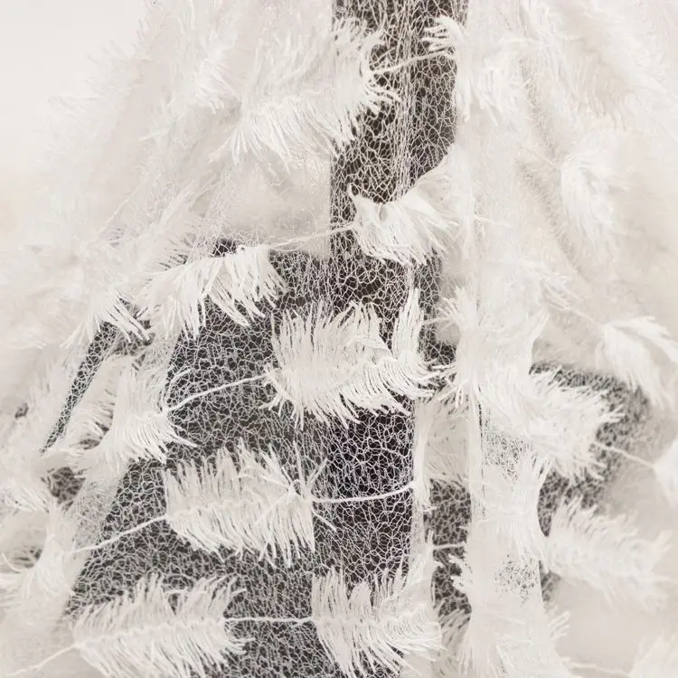 New product white bridal tulle 3d feather embroidery polyester lace evening dress fabric wholesale