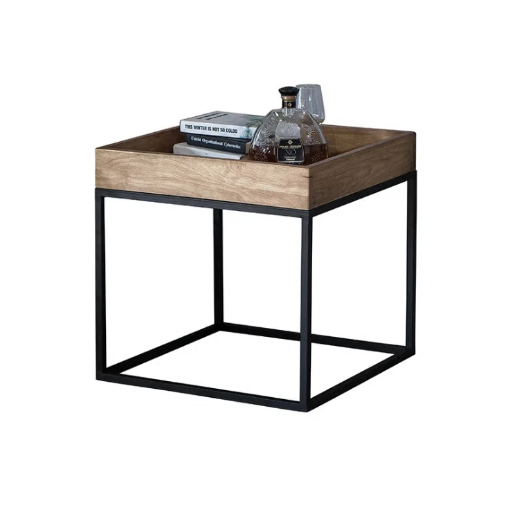 
Modern Simple Wooden Square Metal Frame Rustic Industrial Center Coffee Side Table Living Room Furniture Designs with Storage 