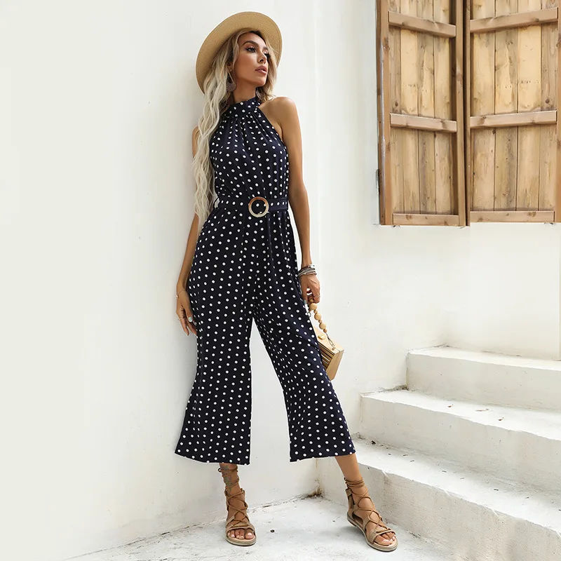 2022 Summer Custom Belt Polka Dot Halter Strap Wide Leg High Quality Rompers Jumpsuits For Women