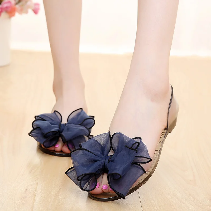
Best selling female bow crystal fish mouth jelly sandals beach shoes non-slip soft bottom student flat shoes 