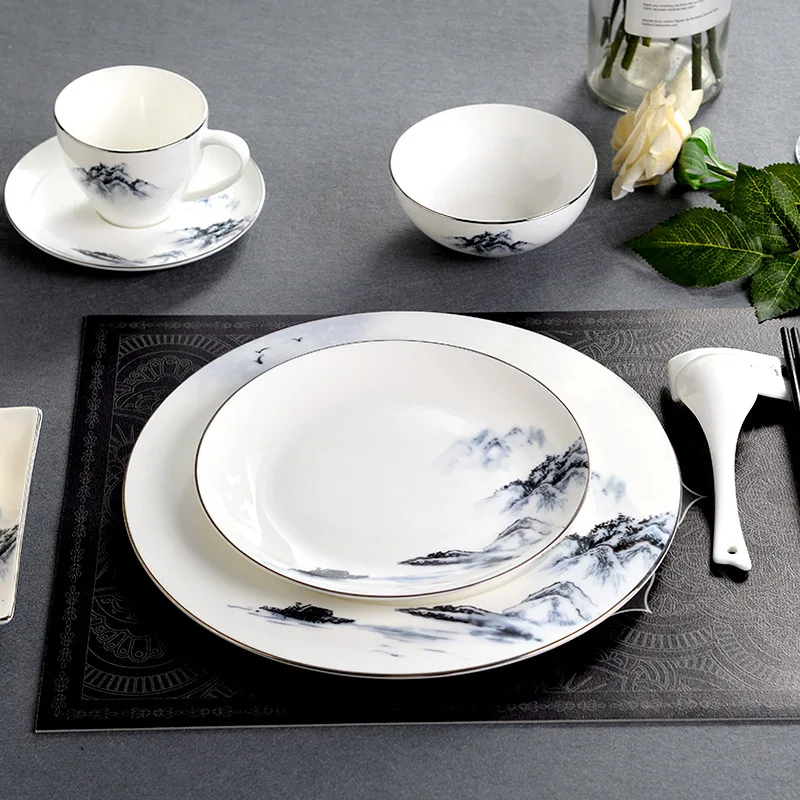 Chinese Brush Painting  Hotel Tableware Set for Restaurant Supplies Ceramic Bone China Dishes