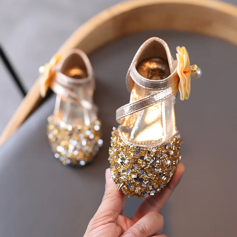 Children Dress Shoes Elegant Bling Little Girls Crystal Sandals Anti Slipper Flower Princess for