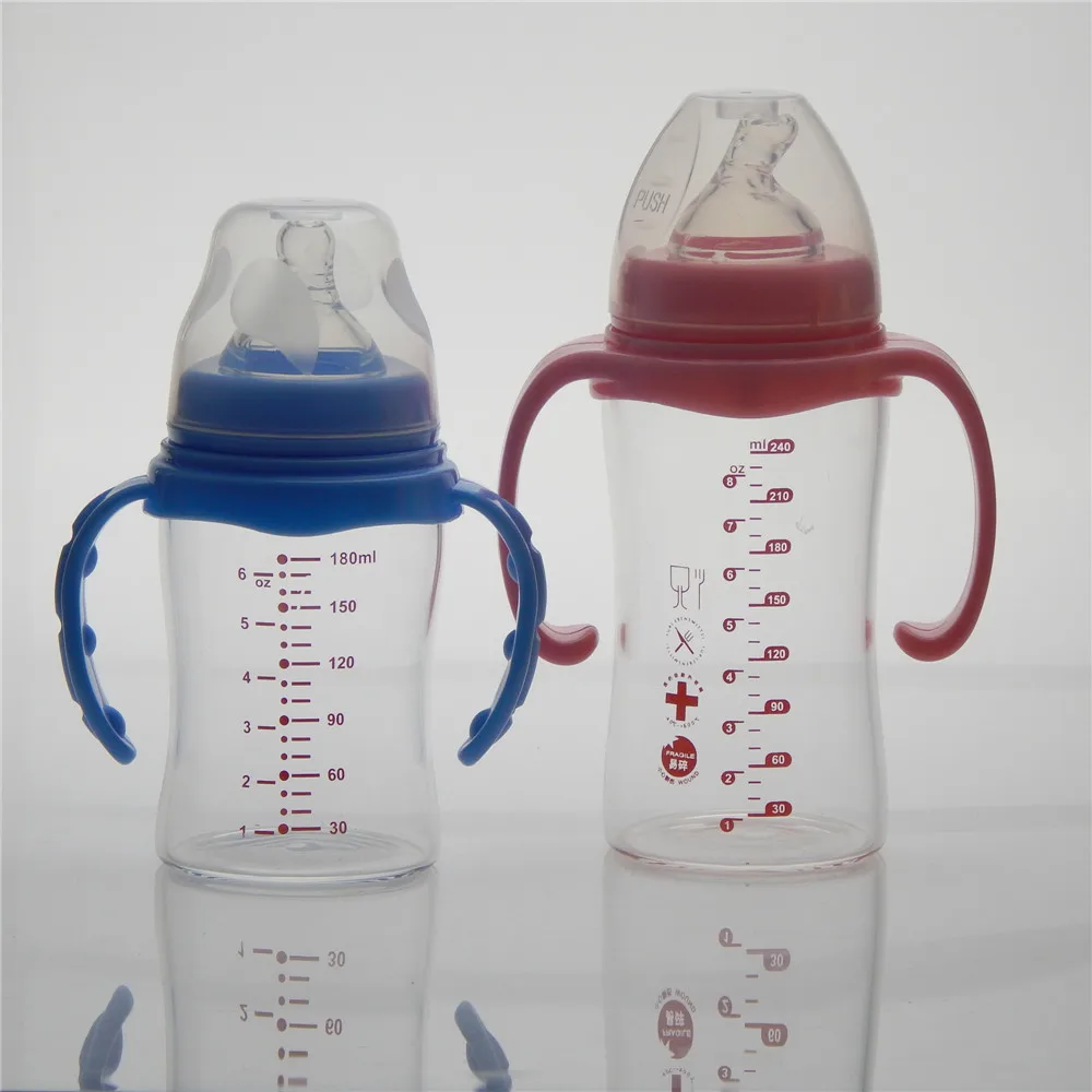 Manufacture High Quality 240ml/8oz Wide Neck Borosilicate Baby Glass Feeding Bottle With Silicone Nipple