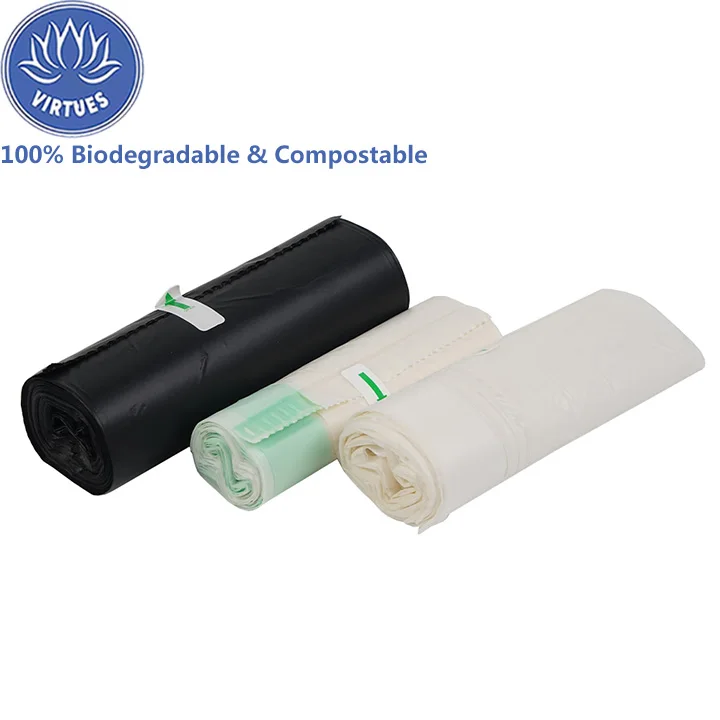VIRTUES Reusable Compactor Recycled With Own Logo 60 Gallon Big On Roll Drawstring 100% Compostable Biodegradable Garbage Bags