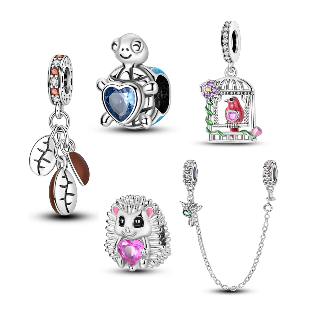 New S925 Sterling Silver charm Beads Bird cage hedgehog coffee bean pendant Safety Chain DIY charm Bracelet for women Gifts