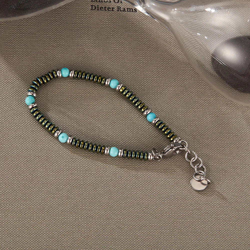 Wholesale New Design Bohemia Stainless Steel Link Chain Turquoise Blue Green Beads Bracelets for Men