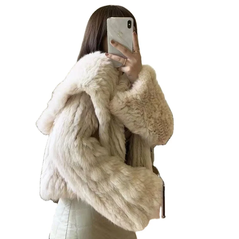MWfur New Arrival Winter Warm Soft  Short100% Real Fur Coat Women Knitted Genuine Rabbit Fur Jacket with Hood For Women