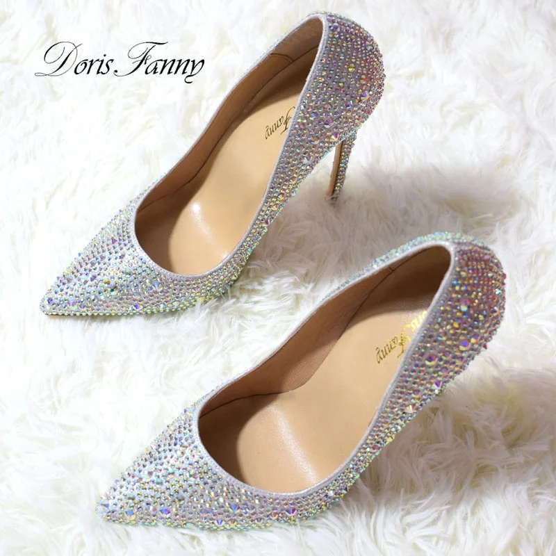 New Pointed Silver Crystal Sequins Sexy Wedding Bridesmaid Dress Shoes Bridal Princess Crystal High Heels
