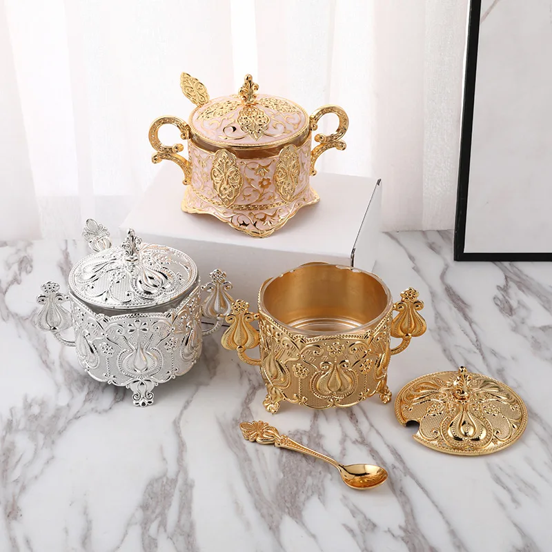 Wholesale Luxury European Seasoning Condiment Metal Container Set Spice Jars With Metal Lid Spoon