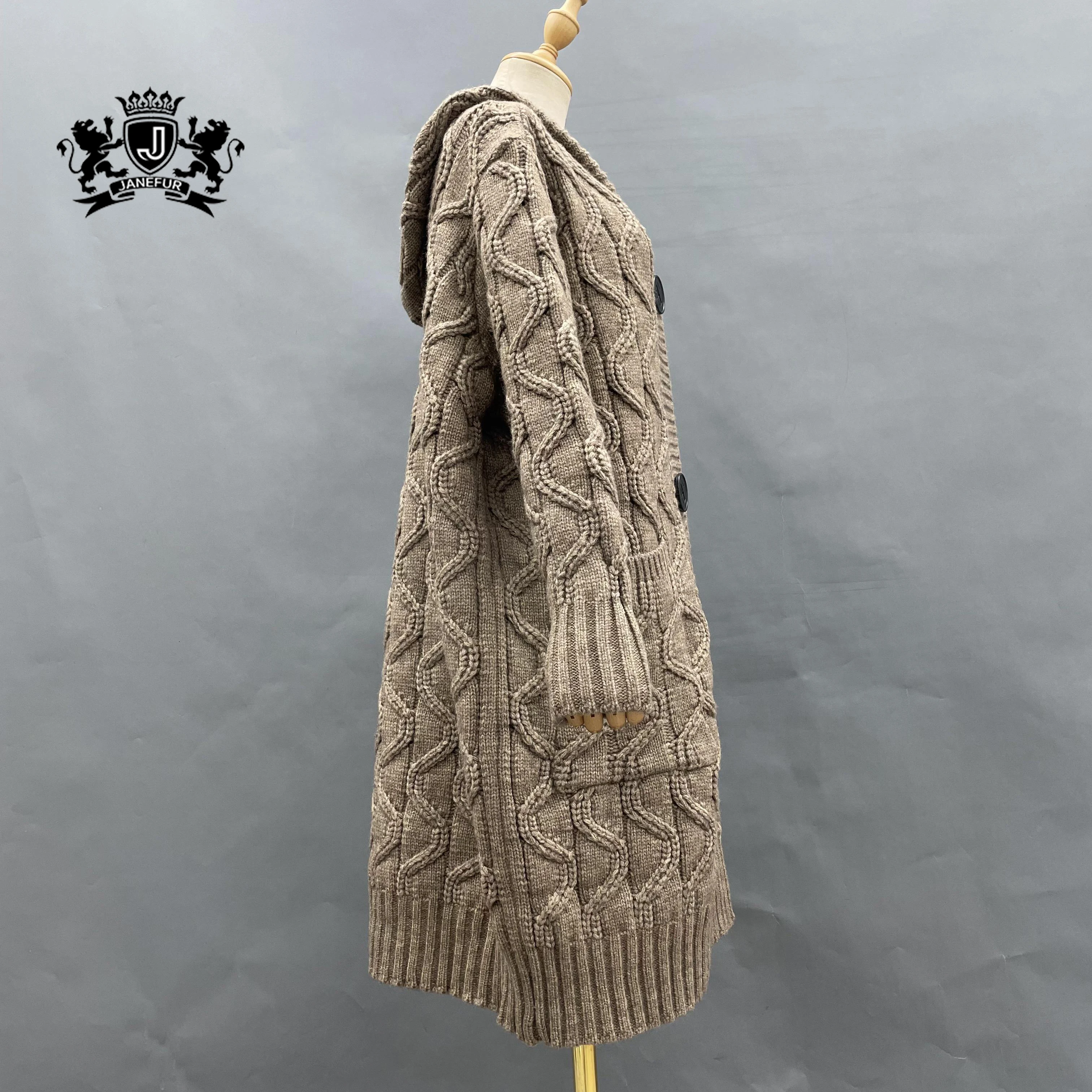 Women Wholesale Trendy Long Loose Style Wool Knitted Cardigan Sweater Comfortable Soft Hooded Knit Cardigan Sweater