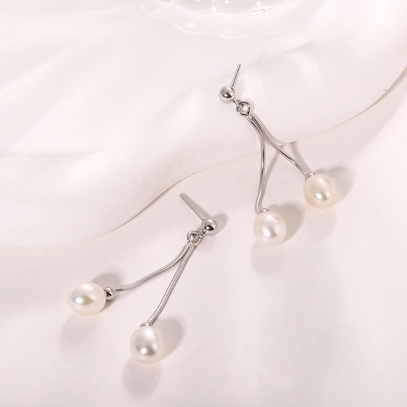 Wholesale Earrings Jewelry Double Headed S925 Sterling Silver 7-7.5mm Long Tassel Pearl Stud Earrings Minimalist Pearl Earrings