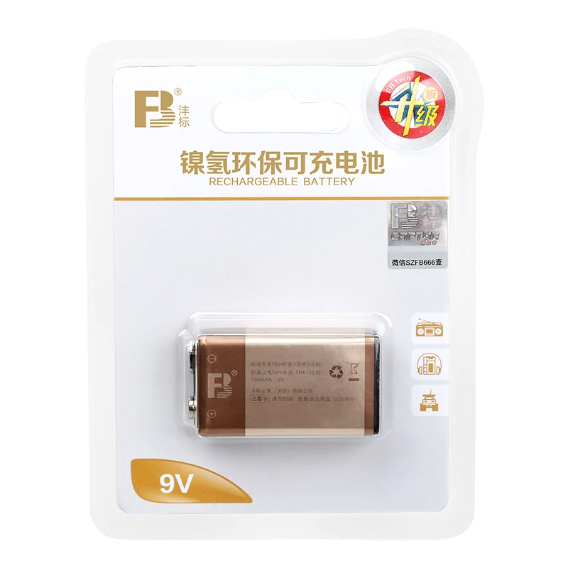 9v rechargable battery Dongguan FB 9V 180mAh energy-saving and pollution-free NiMH rechargeable batteries ni-mh battery packs