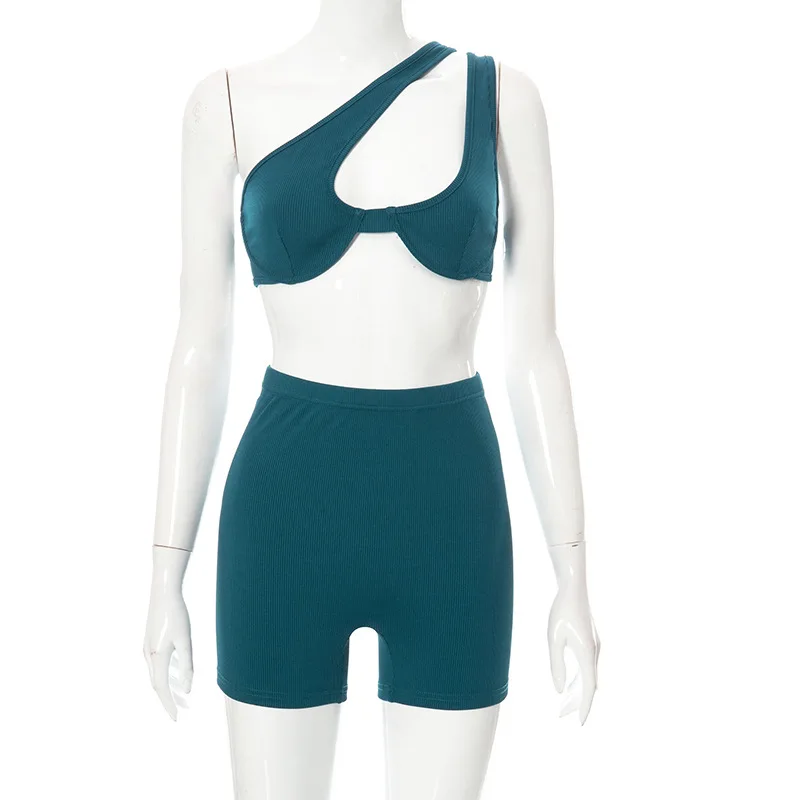 KX-K21ST717 New design solid color summer sets for women clothing hollow one-shoulder shorts casual suit two piece sets 2022