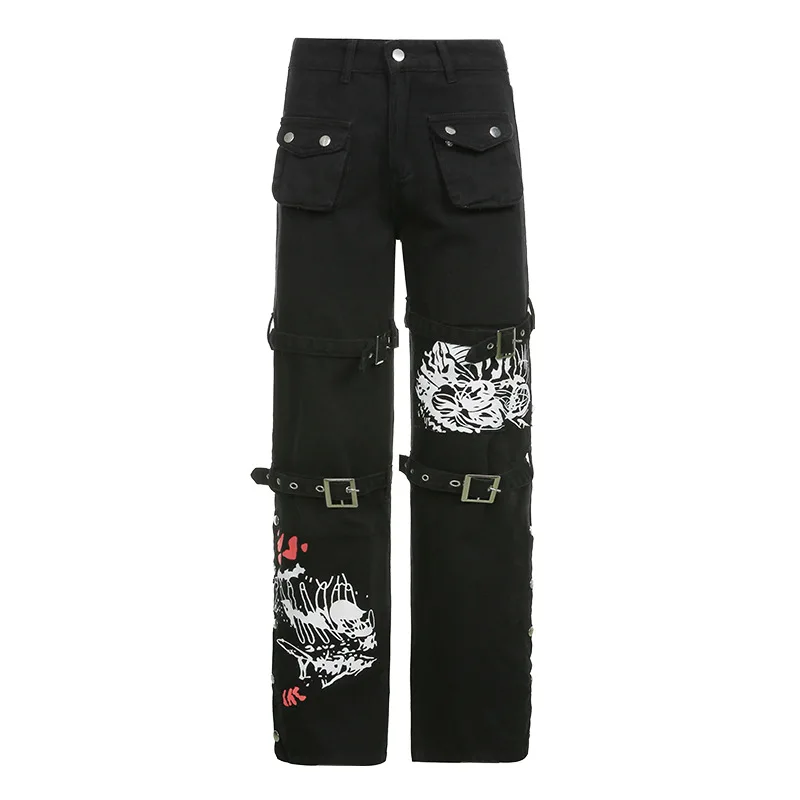 trend fashion pattern printed street denim cargo pants metal buckle black washed straight tube jeans pants for woman