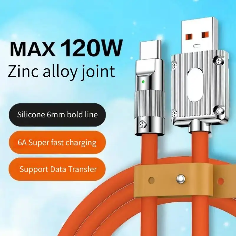 120W Super Fast Charging Cable Metal Zinc Alloy Liquid Silicone Micro USB Type C Charger Data usb Cable For iPhone Android