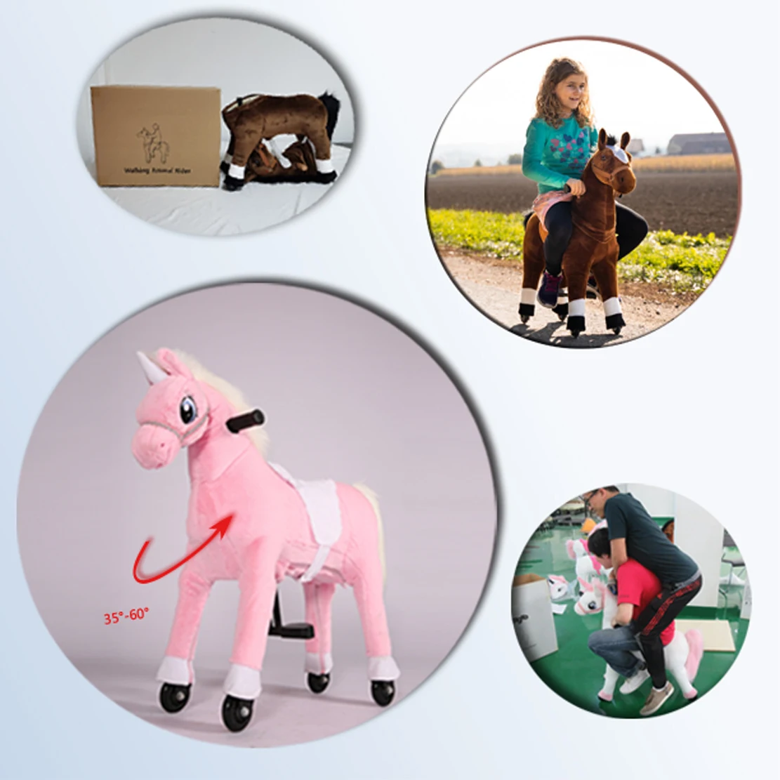 3 Size plush rocking horse toy on wheels for different age kids of ride on toys, mechanical horse toy move as animal rides