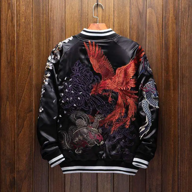Wholesale new design black Four Legendary Phoenix Satin Jackets mens souvenir luxury bomber jackets for men