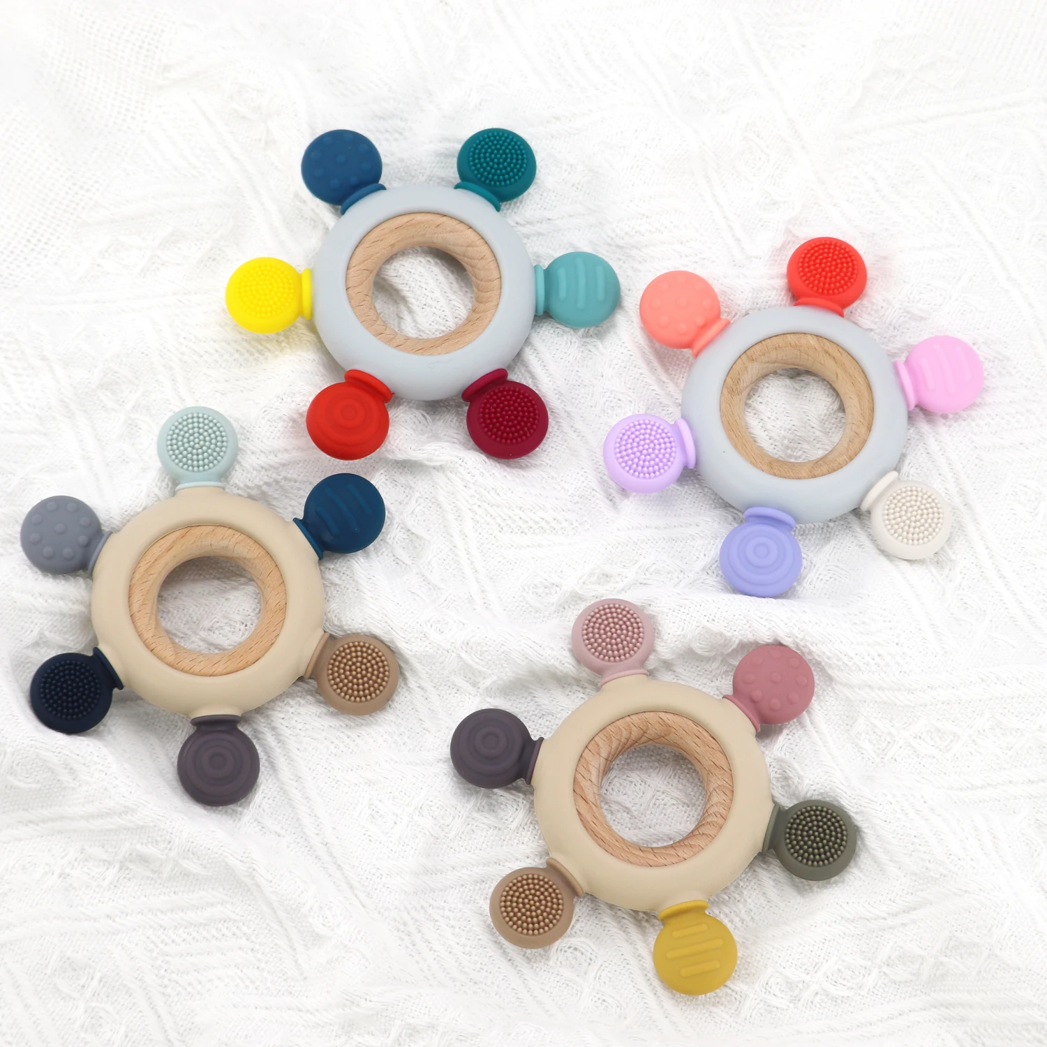 Baby Teethers Toy Teething Ring Grasping Teething Toy BPA Free Silicone Rudder with Wooden Ring