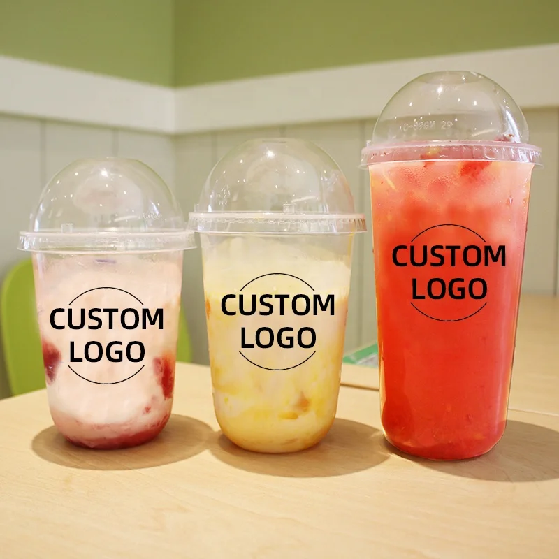 Custom Logo Clear PET Cup Disposable Boba Bubble Milk Tea Plastic Cups With Lids