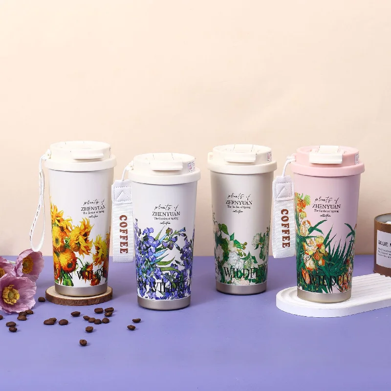 New high quality 520ml stainless steel thermos water bottle Flower coffee mug cup double drink insulated Cup with straw