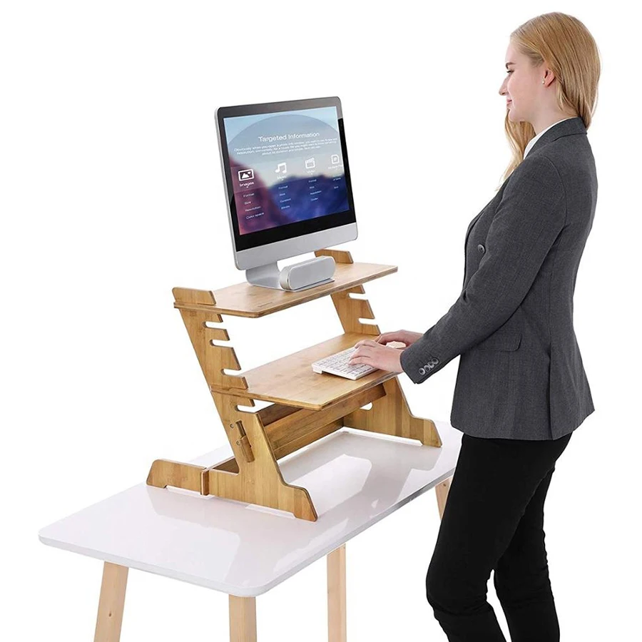 
Riser Stand Steady Up Adjustable Height Desktop Computer Workstation Converter Natural Bamboo Standing Laptop Desk Stand 