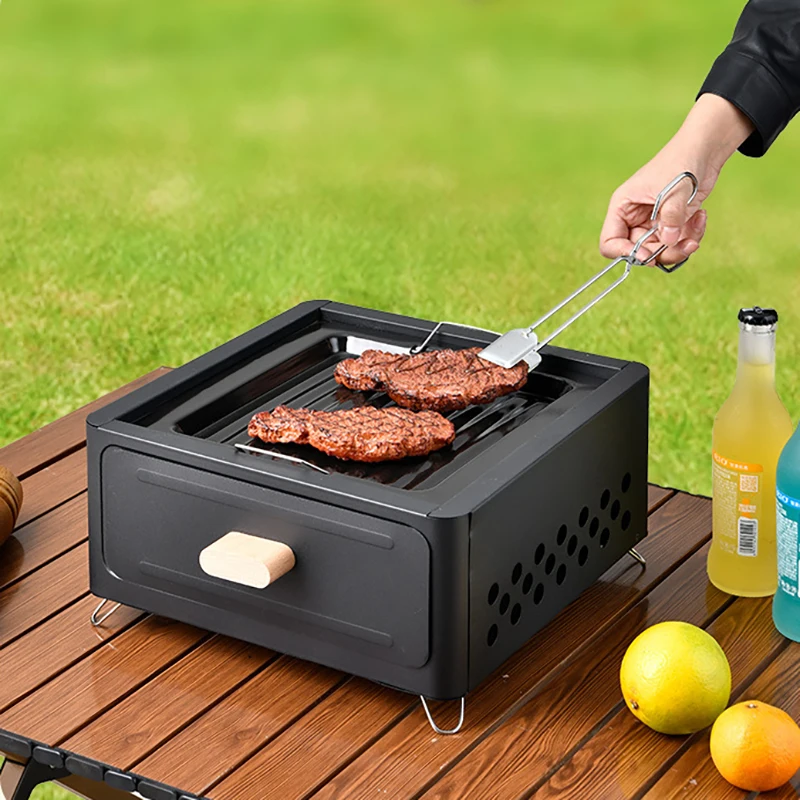 Square Camping Barbecue Stove Outdoor Portable Charcoal Smokeless Picnic Grills Stove Mini Camp Backyard Pot Enamel Baking Pan