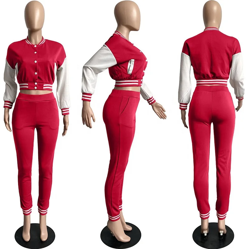 Womens Two Piece Sets Baseball Uniform Letterman Varsity Jacket Pants Suit Matching Streetwear Patchwork Sweatsuit Tracksuits