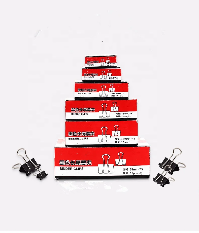 1 Inch size metal binder paper clips high quality 25mm black color binder clips 12pcs in paper box fold back clips