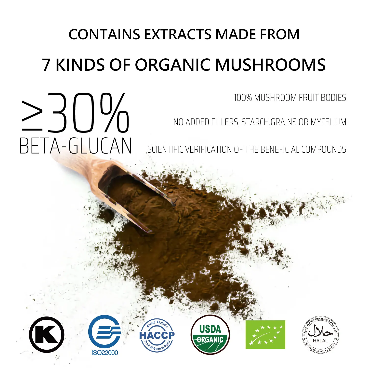 100% Pure organic mushroom extract powder USDA Organic Lions Mane, Reishi, Cordyceps, Chaga, Turkey Tail, Maitake Real Fruitin