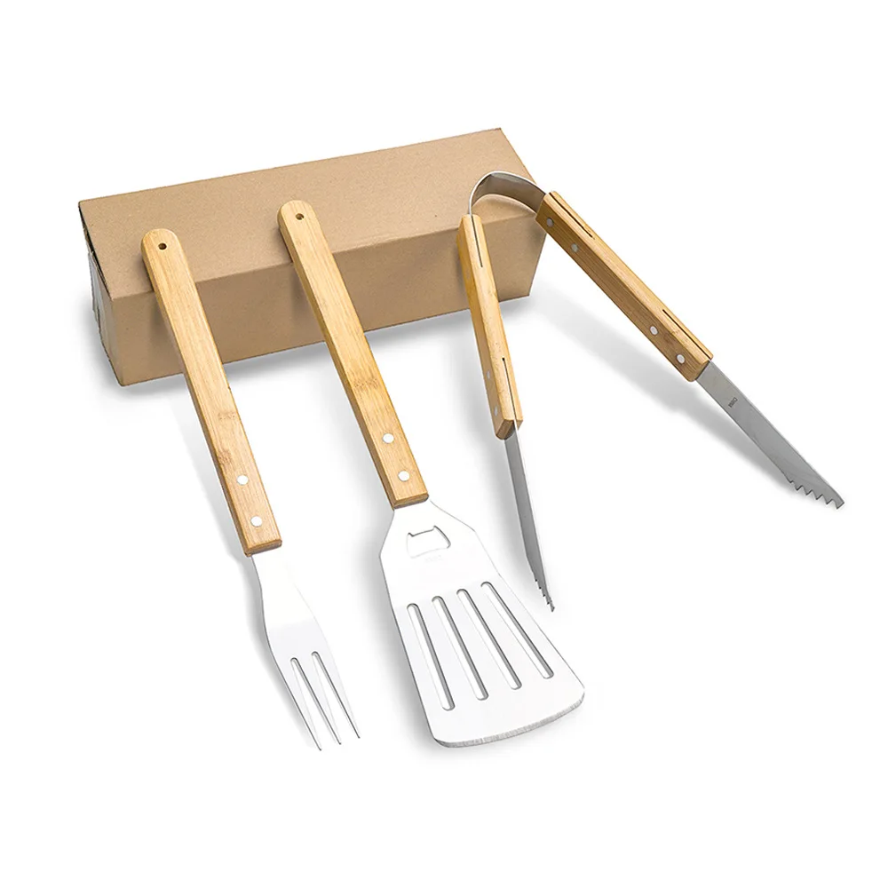 OWNSWING Outdoor Stainless Steel Barbecue Tools BBQ Wooden Handle Fork Shovel Clip Combination Barbecue Suit