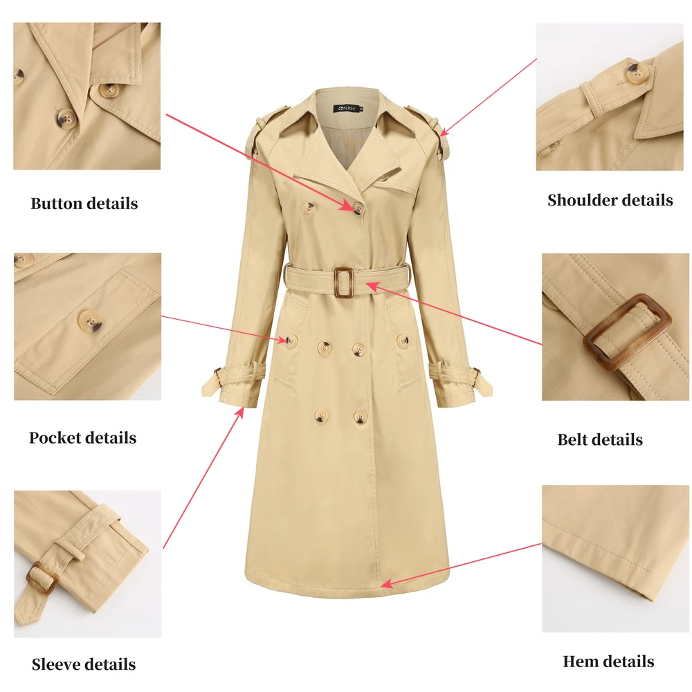Wholesale ladies solid color keep warm trench coats long sleeve coats with long female windbreaker coat