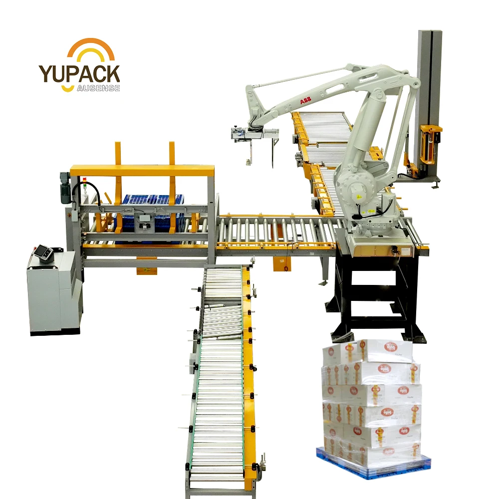 Robotic case packer &robotic palletizer with automatic pallet discharge and pallet feeding system